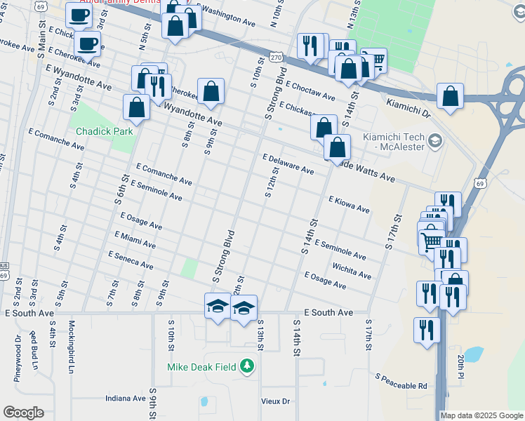 map of restaurants, bars, coffee shops, grocery stores, and more near 621 South 12th Street in McAlester