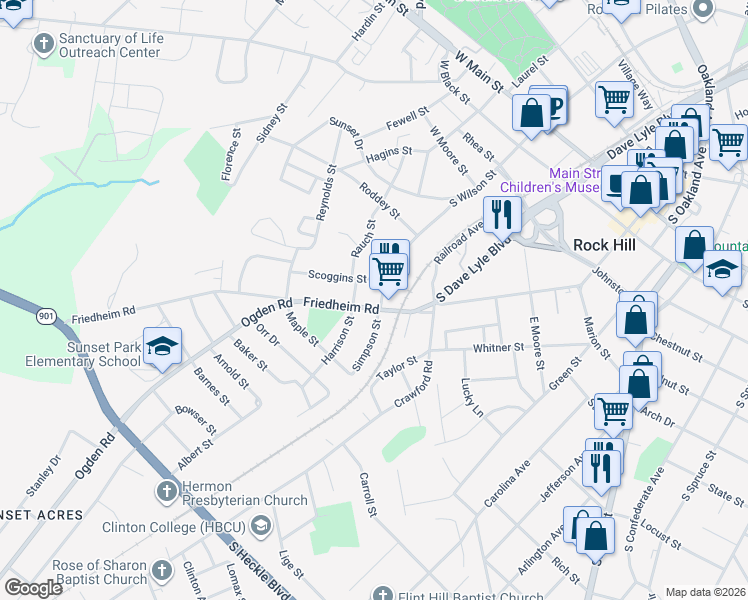 map of restaurants, bars, coffee shops, grocery stores, and more near 109 Friedheim Road in Rock Hill