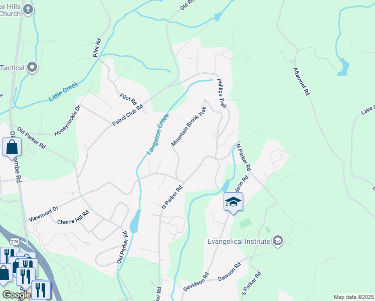 map of restaurants, bars, coffee shops, grocery stores, and more near 10 Mountain Brook Trail in Greenville