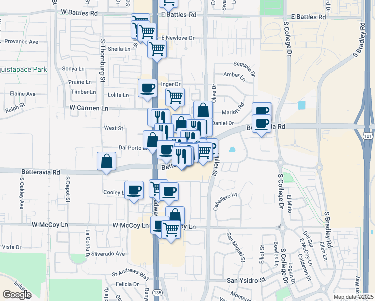map of restaurants, bars, coffee shops, grocery stores, and more near in Santa Maria