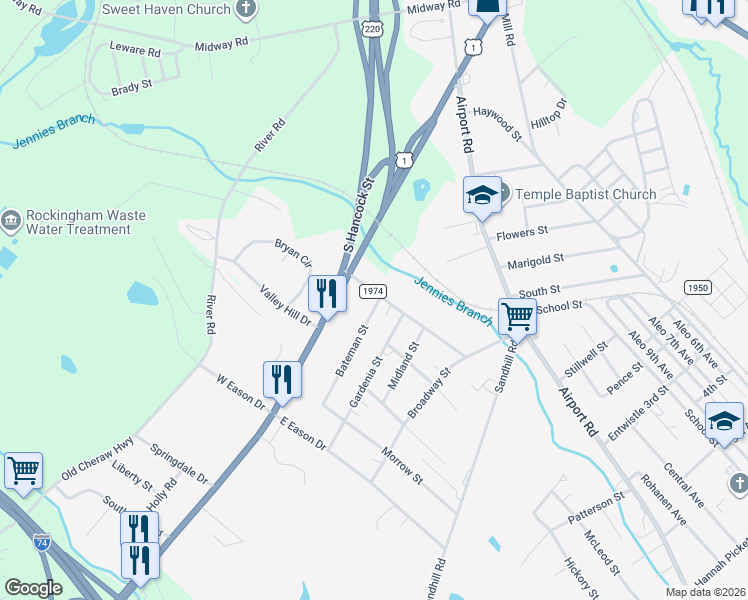 map of restaurants, bars, coffee shops, grocery stores, and more near 107 Bateman Street in Rockingham