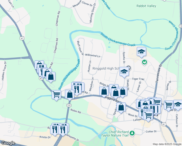 map of restaurants, bars, coffee shops, grocery stores, and more near 24 Hunter Lane in Ringgold