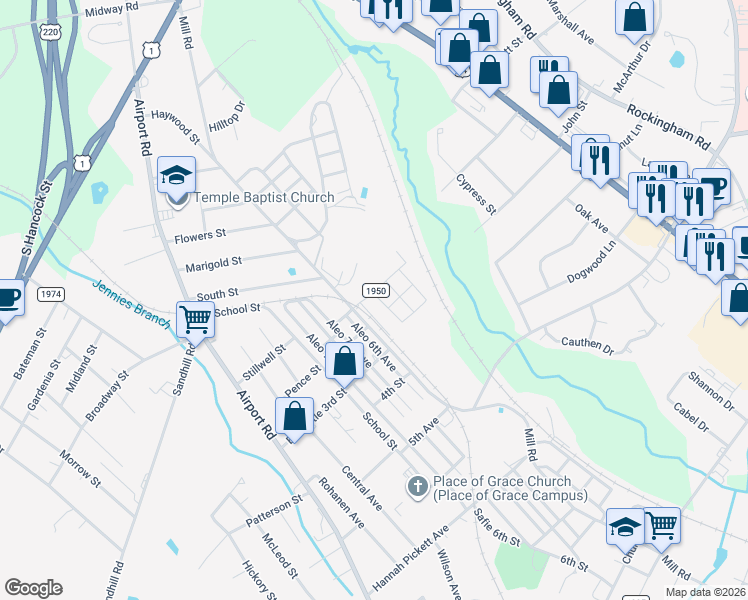 map of restaurants, bars, coffee shops, grocery stores, and more near 4 First Avenue in Rockingham