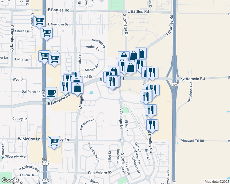 map of restaurants, bars, coffee shops, grocery stores, and more near 2151 South College Drive in Santa Maria