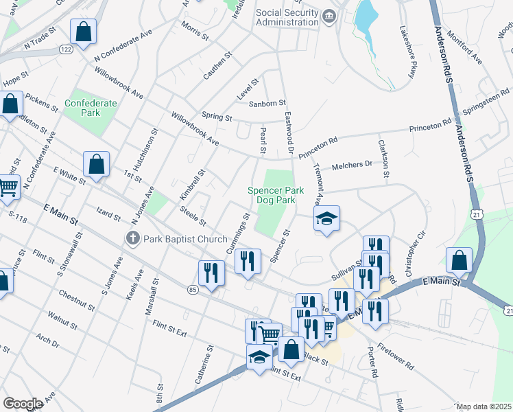 map of restaurants, bars, coffee shops, grocery stores, and more near 1110 Sturgis Street in Rock Hill