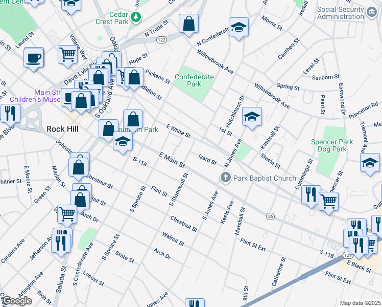 map of restaurants, bars, coffee shops, grocery stores, and more near 549 East Main Street in Rock Hill