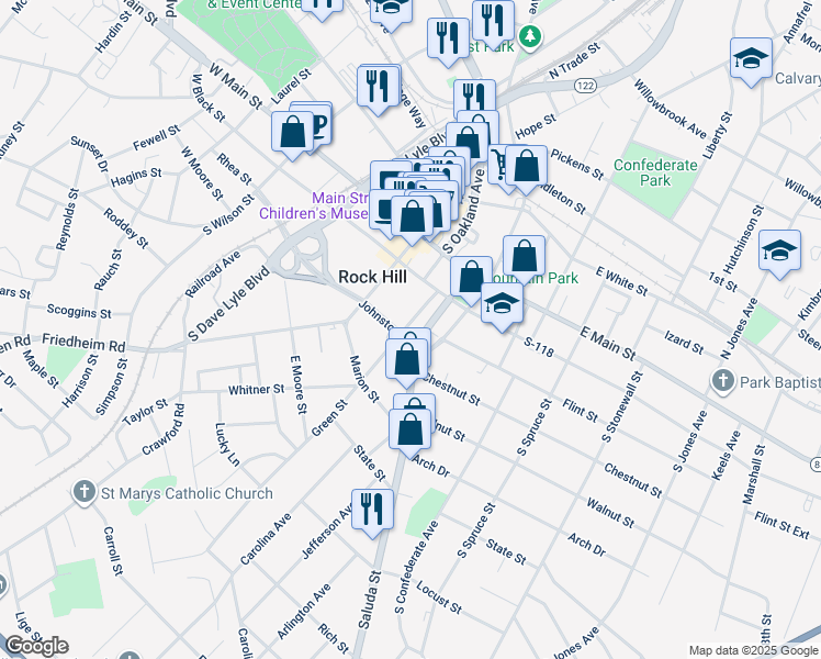 map of restaurants, bars, coffee shops, grocery stores, and more near 315 Green Street in Rock Hill