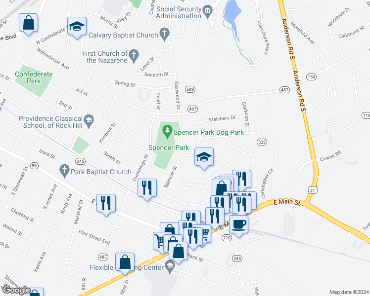 map of restaurants, bars, coffee shops, grocery stores, and more near 1071 Eastwood Drive in Rock Hill