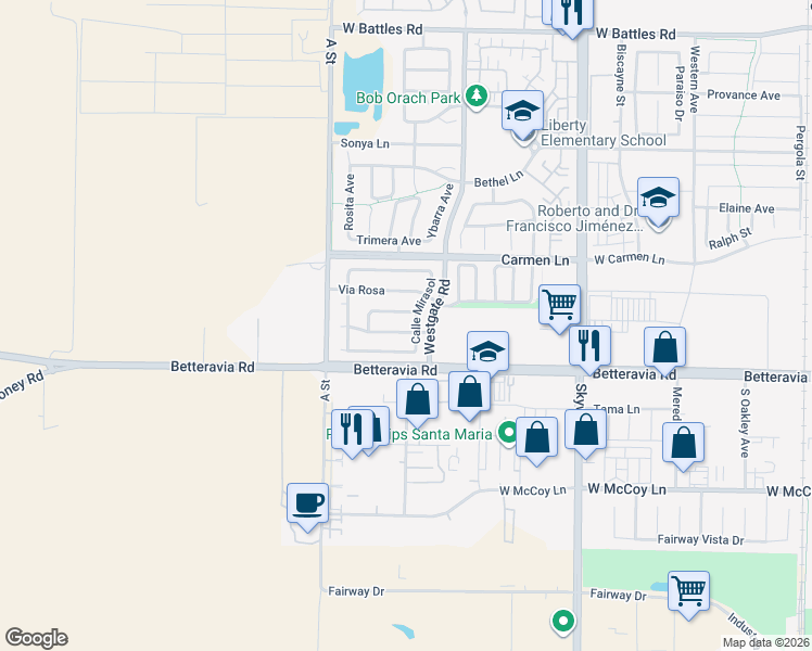 map of restaurants, bars, coffee shops, grocery stores, and more near 1417 Paseo Jacaranda in Santa Maria