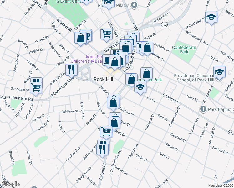 map of restaurants, bars, coffee shops, grocery stores, and more near 315 Green Street in Rock Hill