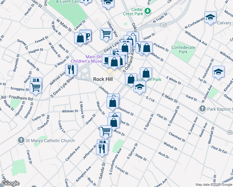 map of restaurants, bars, coffee shops, grocery stores, and more near 315 Green Street in Rock Hill