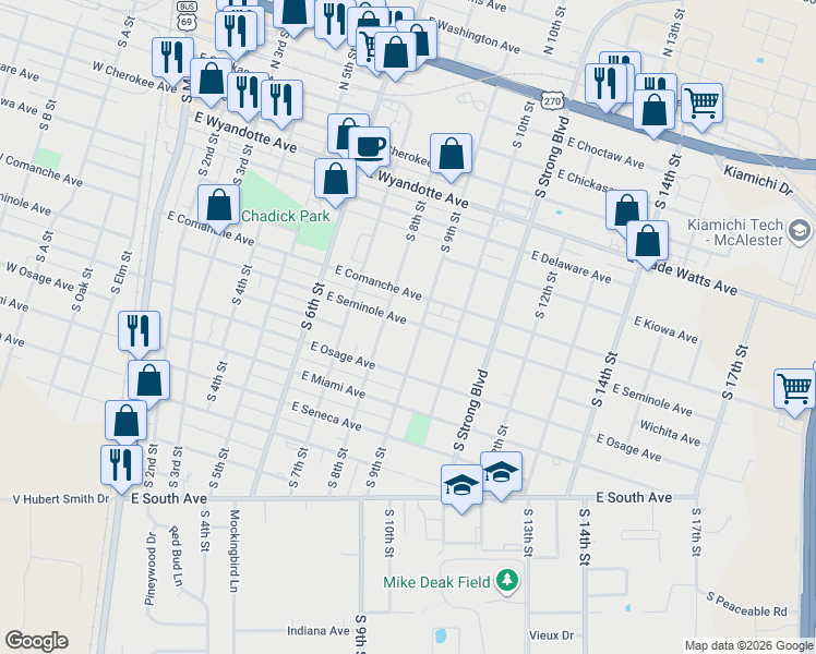 map of restaurants, bars, coffee shops, grocery stores, and more near 725 South 9th Street in McAlester
