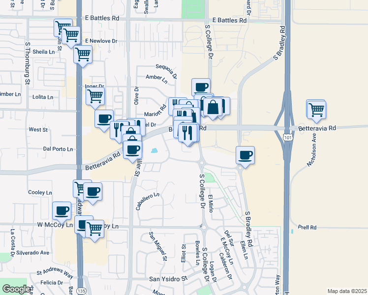 map of restaurants, bars, coffee shops, grocery stores, and more near 301-699 Southside Parkway in Santa Maria