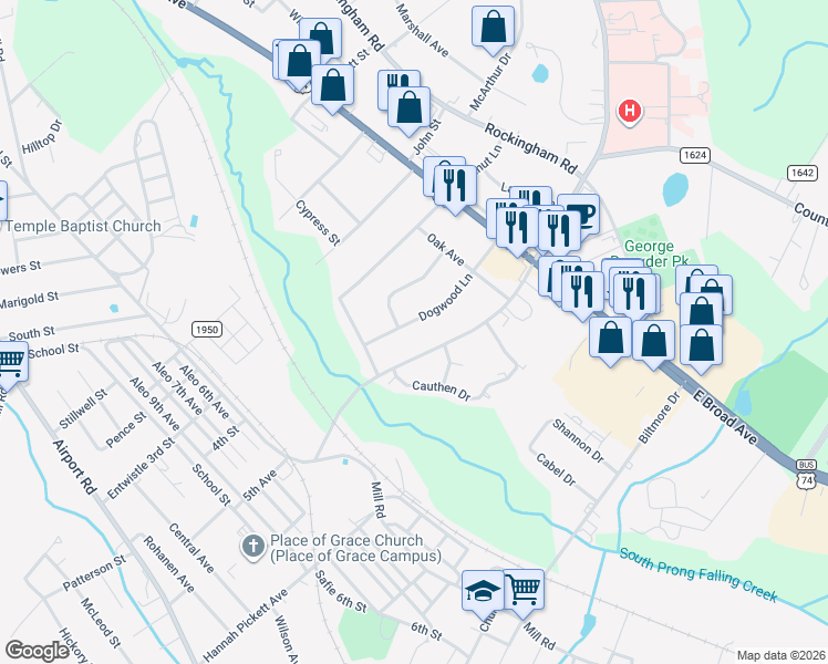 map of restaurants, bars, coffee shops, grocery stores, and more near 714 Dogwood Lane in Rockingham