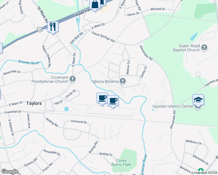 map of restaurants, bars, coffee shops, grocery stores, and more near 101 South Street in Taylors