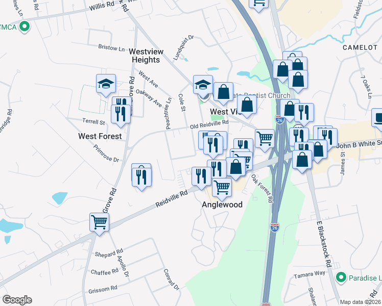 map of restaurants, bars, coffee shops, grocery stores, and more near 274 Augusta Road in Spartanburg