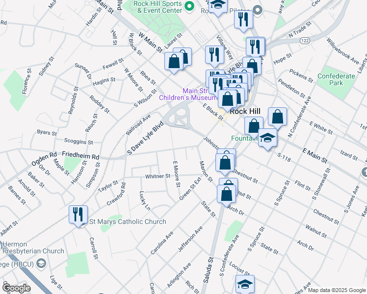 map of restaurants, bars, coffee shops, grocery stores, and more near 352 Hampton Street in Rock Hill