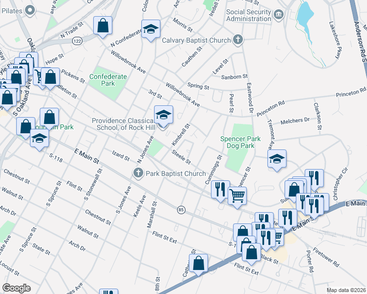 map of restaurants, bars, coffee shops, grocery stores, and more near 335 Hasty Street in Rock Hill