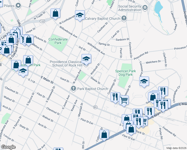 map of restaurants, bars, coffee shops, grocery stores, and more near 335 Hasty Street in Rock Hill