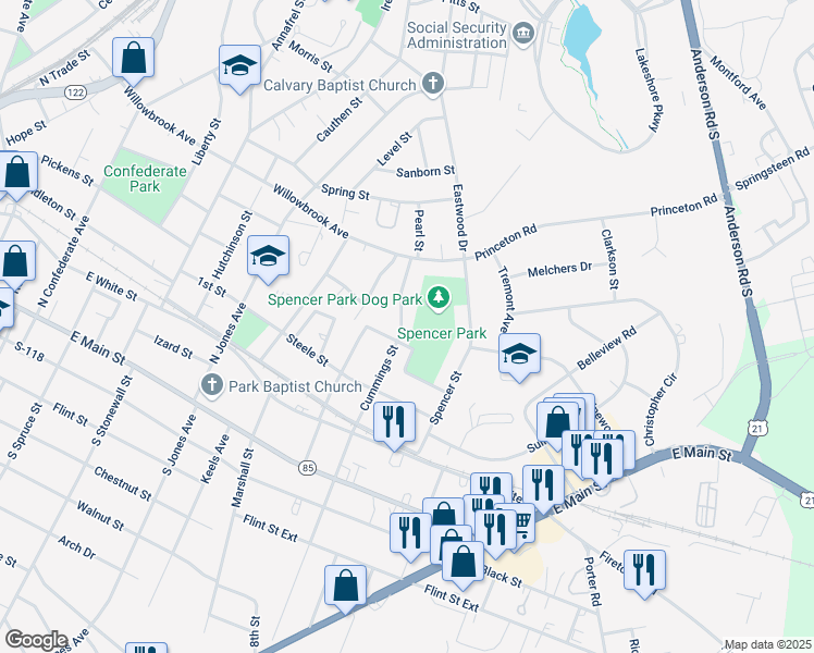 map of restaurants, bars, coffee shops, grocery stores, and more near 410 Cummings Street in Rock Hill