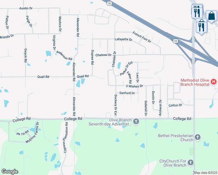 map of restaurants, bars, coffee shops, grocery stores, and more near 10345 3 Wishes Drive in Olive Branch