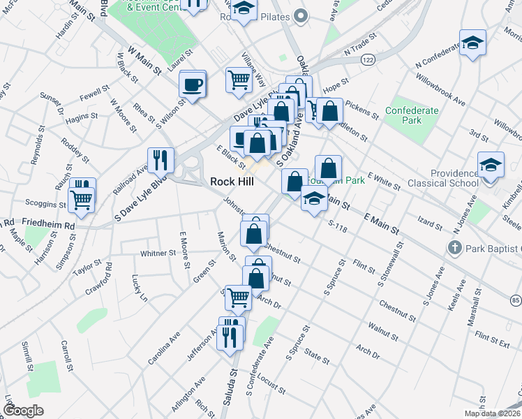 map of restaurants, bars, coffee shops, grocery stores, and more near 222 Green Street in Rock Hill