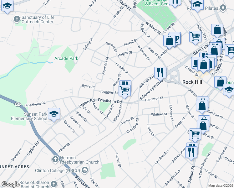 map of restaurants, bars, coffee shops, grocery stores, and more near 224 Scoggins Street in Rock Hill