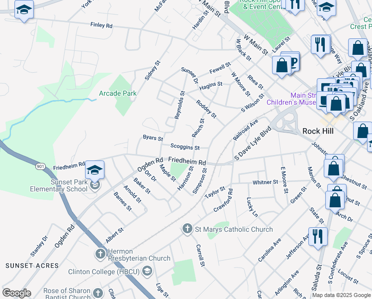 map of restaurants, bars, coffee shops, grocery stores, and more near 319 Scoggins Street in Rock Hill