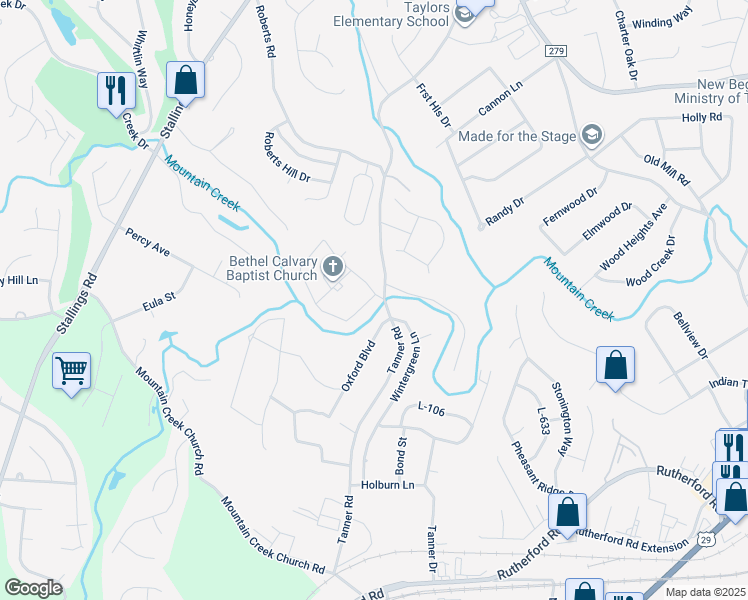 map of restaurants, bars, coffee shops, grocery stores, and more near 313 Robin Hood Road in Taylors