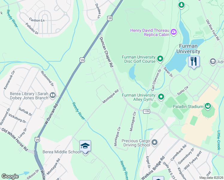 map of restaurants, bars, coffee shops, grocery stores, and more near 2601 Duncan Chapel Road in Greenville