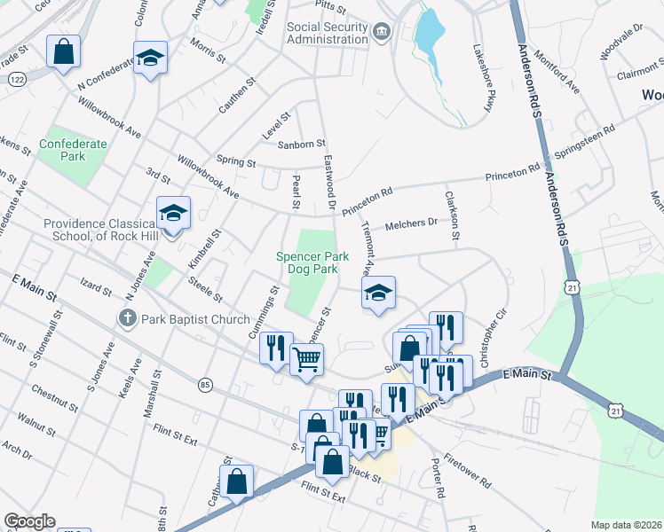 map of restaurants, bars, coffee shops, grocery stores, and more near 1046 Eastwood Drive in Rock Hill