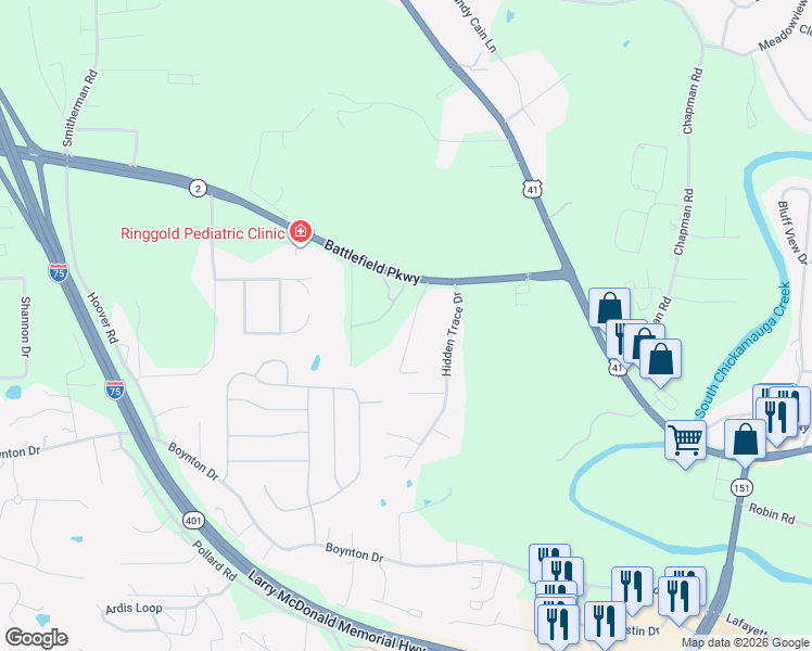 map of restaurants, bars, coffee shops, grocery stores, and more near 112 Gilbert Road in Ringgold