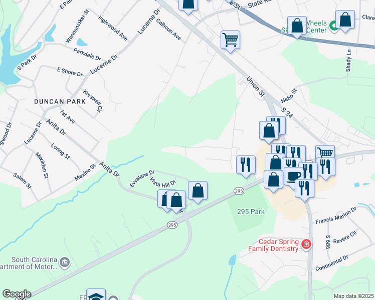 map of restaurants, bars, coffee shops, grocery stores, and more near 347 Gus Street in Spartanburg