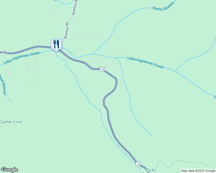 map of restaurants, bars, coffee shops, grocery stores, and more near 7612 U.S. 76 in Hiawassee