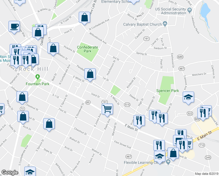 map of restaurants, bars, coffee shops, grocery stores, and more near 211 North Jones Avenue in Rock Hill