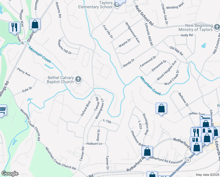 map of restaurants, bars, coffee shops, grocery stores, and more near 1 Twisted Oak Court in Taylors