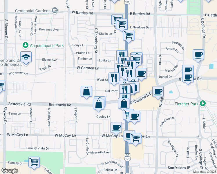 map of restaurants, bars, coffee shops, grocery stores, and more near 285 Dal Porto Lane in Santa Maria