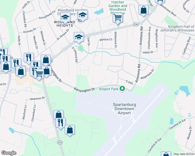 map of restaurants, bars, coffee shops, grocery stores, and more near 170 Kensington Drive in Spartanburg