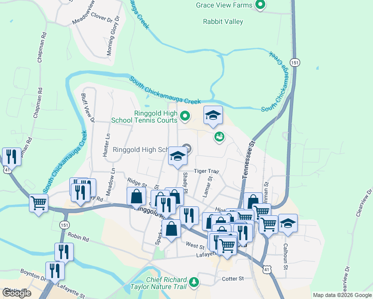map of restaurants, bars, coffee shops, grocery stores, and more near North Sparks Street in Ringgold