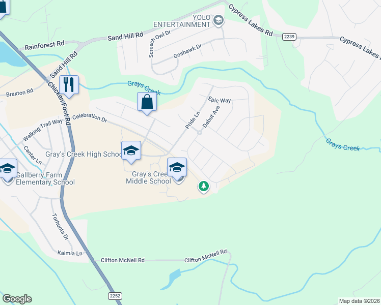 map of restaurants, bars, coffee shops, grocery stores, and more near 5229 Debut Avenue in Hope Mills