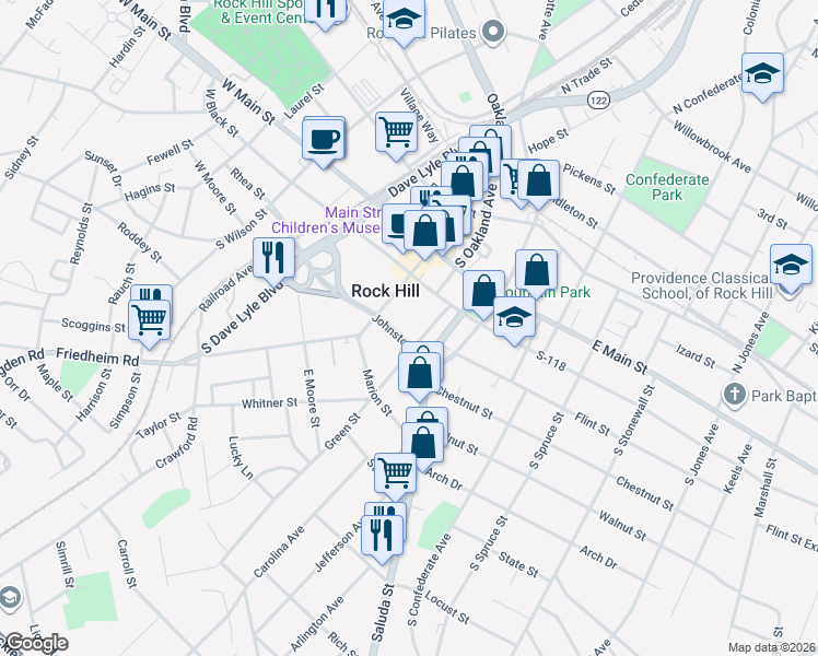 map of restaurants, bars, coffee shops, grocery stores, and more near 222 Green Street in Rock Hill