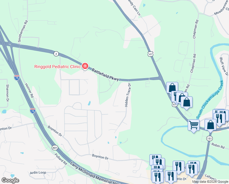 map of restaurants, bars, coffee shops, grocery stores, and more near 112 Gilbert Road in Ringgold