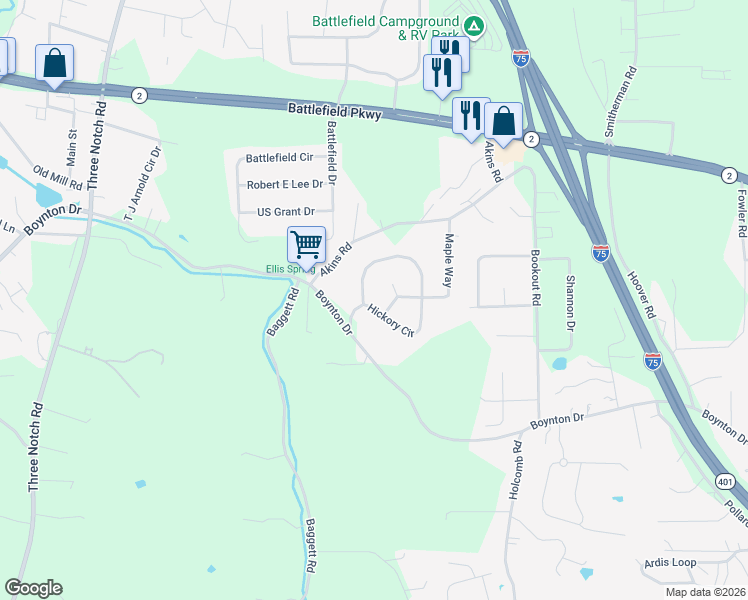 map of restaurants, bars, coffee shops, grocery stores, and more near 592 Hickory Circle in Ringgold