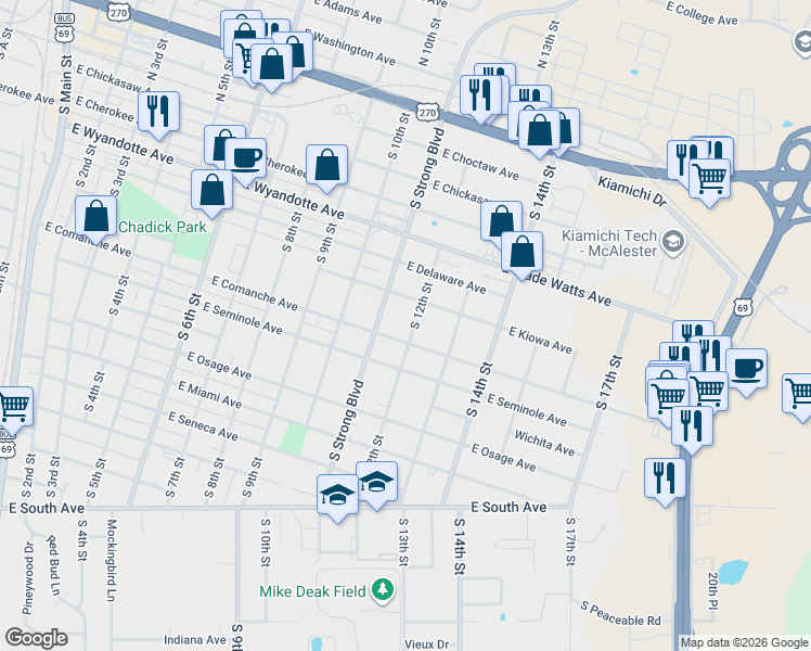 map of restaurants, bars, coffee shops, grocery stores, and more near 518 South Strong Boulevard in McAlester