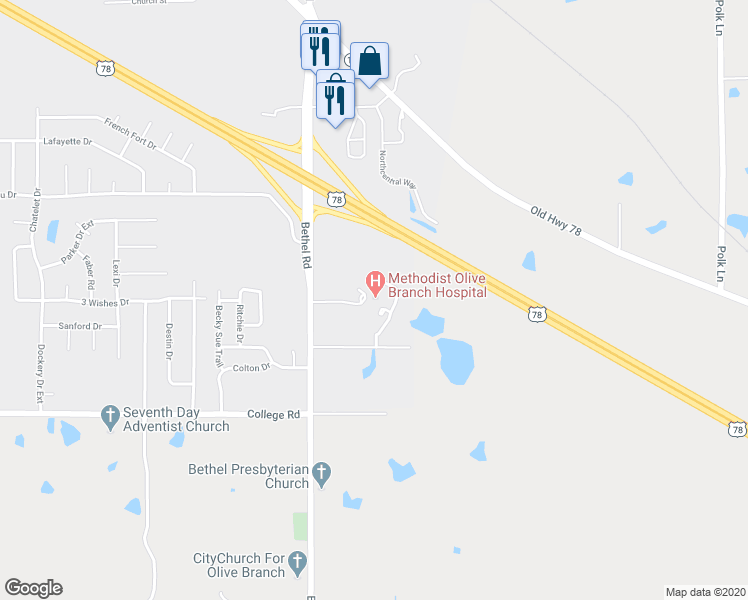 map of restaurants, bars, coffee shops, grocery stores, and more near 4250 Bethel Road in Olive Branch