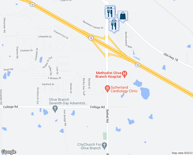 map of restaurants, bars, coffee shops, grocery stores, and more near 4264 Blake Circle in Olive Branch