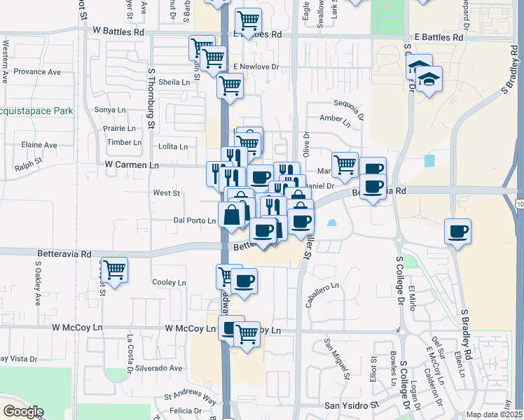 map of restaurants, bars, coffee shops, grocery stores, and more near 223 East Betteravia Road in Santa Maria