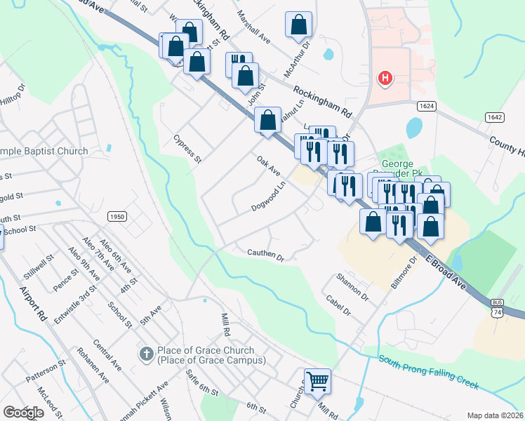 map of restaurants, bars, coffee shops, grocery stores, and more near 714 Dogwood Lane in Rockingham