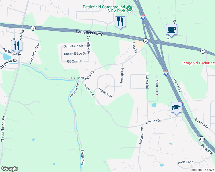 map of restaurants, bars, coffee shops, grocery stores, and more near 31 Aspen Court in Ringgold