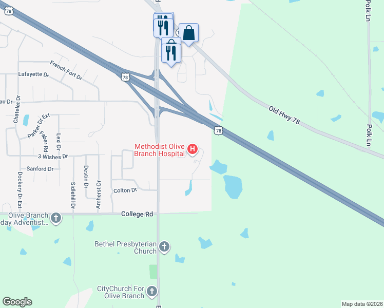 map of restaurants, bars, coffee shops, grocery stores, and more near 4250 Bethel Road in Olive Branch